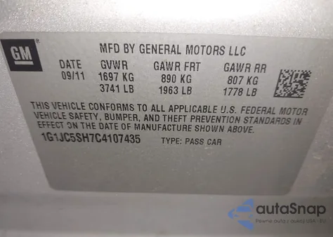 2012 Chevrolet Sonic 2Lt z USA, uszkodzony, nr VIN 1G1JC5SH7C4107435